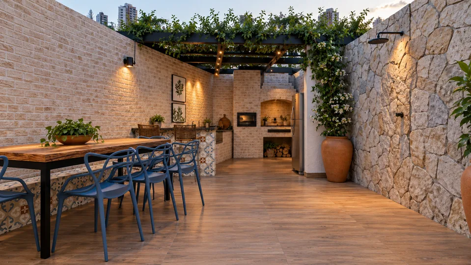 Área gourmet com mesa de madeira, churrasqueira e pergolado para receber amigos