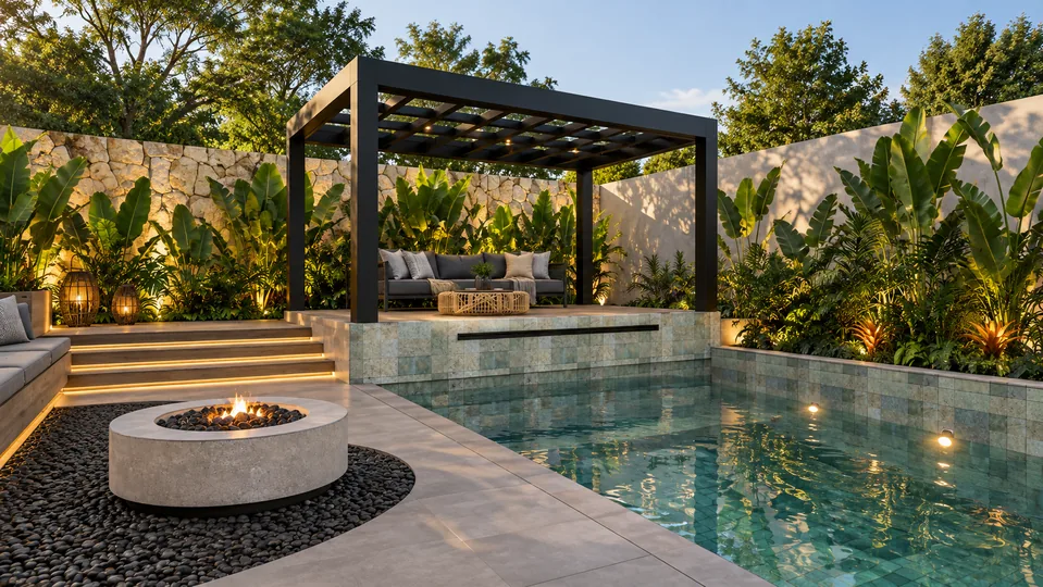 Área externa com piscina, pergolado, sofá e jardim para descansar